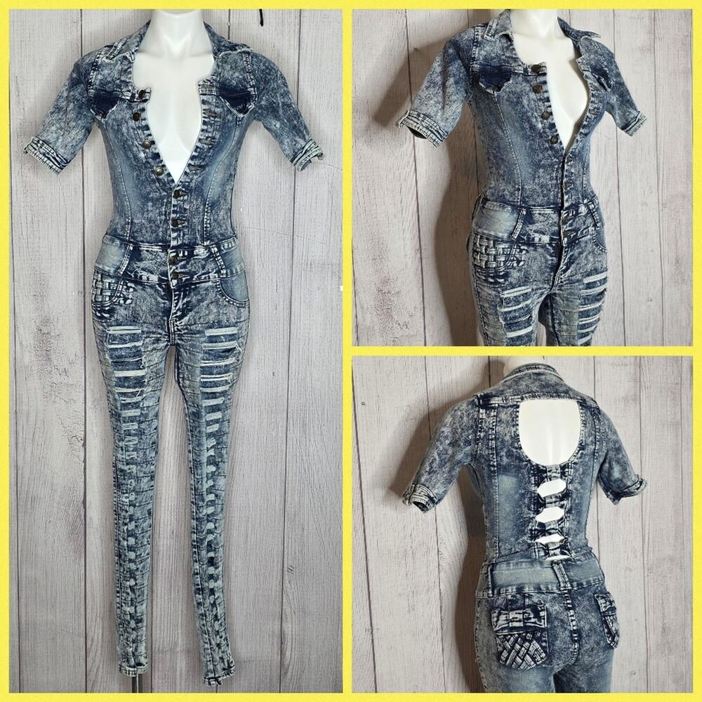 Y2K Acid Wash Distressed Denim Jumpsuit w Cut-outs, Bows & Woven Accents, sz 5